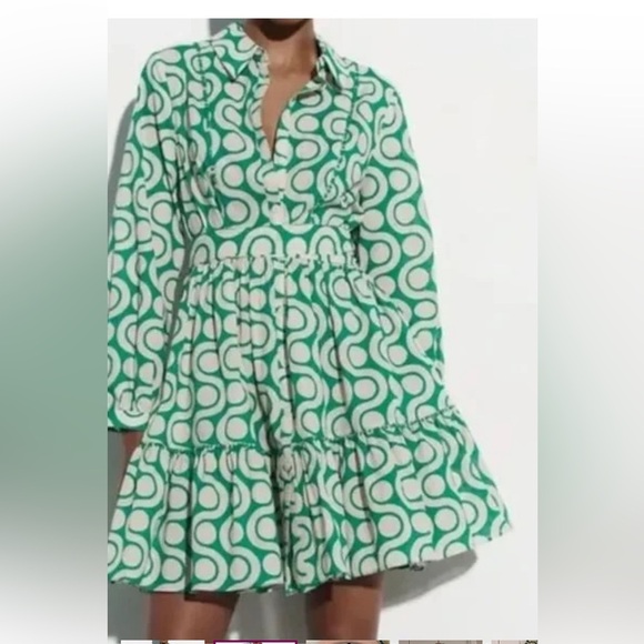 New! Zara medium green ecru combo long sleeve front button dress. - Picture 5 of 9
